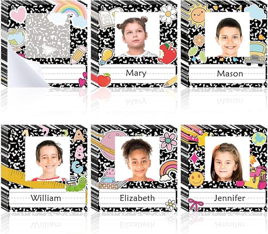 42pcs Composition Book Desk Name Tags Kids Photo Nameplates for Desk Student Name Plates for Classroom Kindergarten Labels Stickers with Photo Self Adhesive Colorful Classroom Decoration