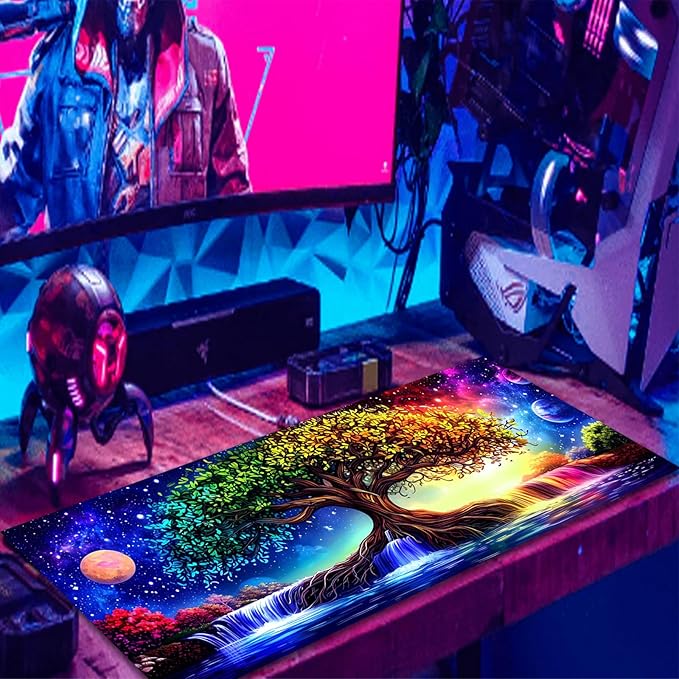 Manicer Fantasy Tree of Life Mouse Pad – Blacklight UV Reactive Glowing Desk Mat, Colorful Nature Galaxy Scene, 31.5" x 11.8" Waterproof Extended Mousepad with Non-Slip Rubber Base for Office & Gaming