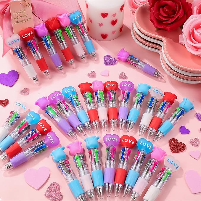 CZWZ 30Pcs Mini Multicolor Pen in One 4-in-1 Cute Pens Bulk for Kids, Ballpoint Pens for Birthdays and Children's Parties, Fun Pens Gifts Assorted Ink Kawaii Pen(Heart and Flower)