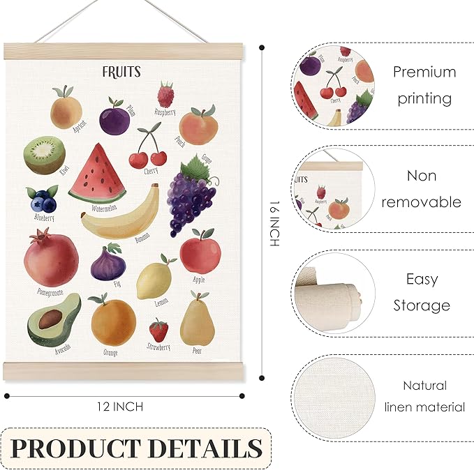 Koesus Fruit Food Wall Art Poster Hanger Frame 12x16 Inch, Educational Learning Canvas Pictures Prints Framed Wall Decor for Classroom Toddler Kids Room Nursery Preschool Kitchen