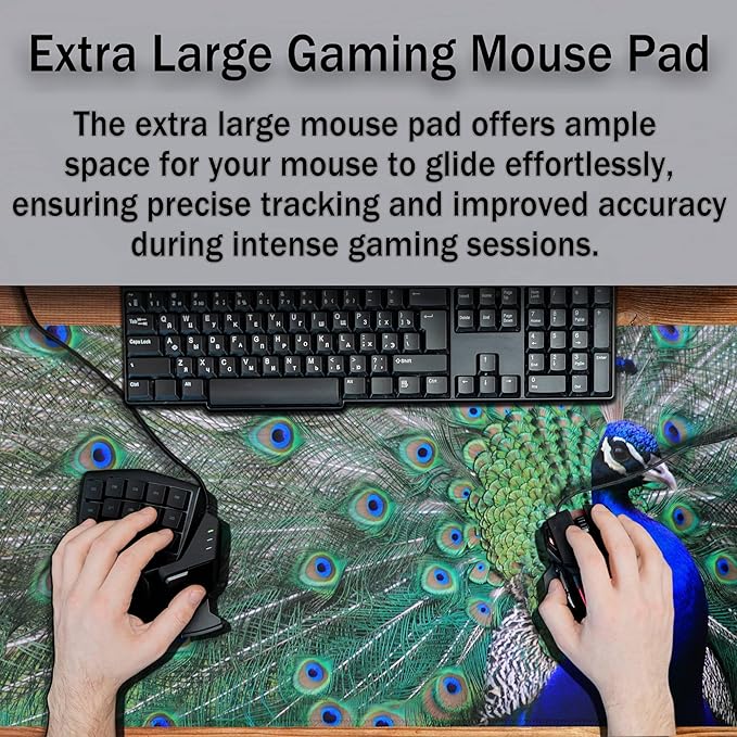 Computer Mat Blue mats, Large Mousepads Keyboard Mouse Pad, Chic Office Desk Accessories Non-Slip Rubber Base Waterproof with Stitched Edges, 35.4 X 15.7 inch for Work/Game/Office Peacock