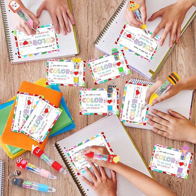 CZWZ 30 Set Cute Multicolor Pens in One 4-in-1 Fun Pens Bulk with 30 Valentines Day Cards for Valentine's Day Party Student Colleagues Greeting Exchange Gift Office School