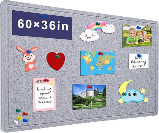 Large Bulletin Board - 60 X 36 inches Decorative Felt Pin Board - 5' x 3' Cork Board Alternative for Wall - Foldable Photo Board Self-Adhesive Vision Board Prayer Board with 30 Pushpins - Silver Gray