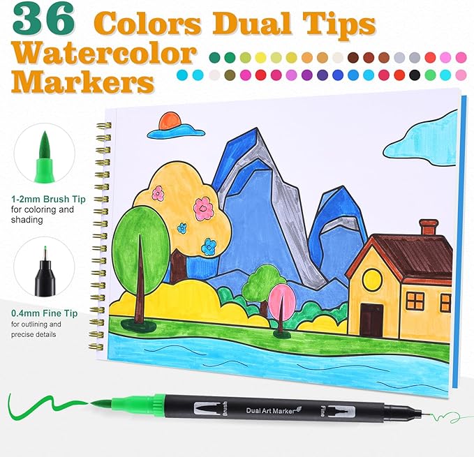 Easy Creative Coloring Book Set for Adults with 30 Patterns, 36 Color Markers, 10 Hangable Coloring Cards & 5 Premium Blank Watercolor Papers - Arts and Crafts Gift for Relaxation