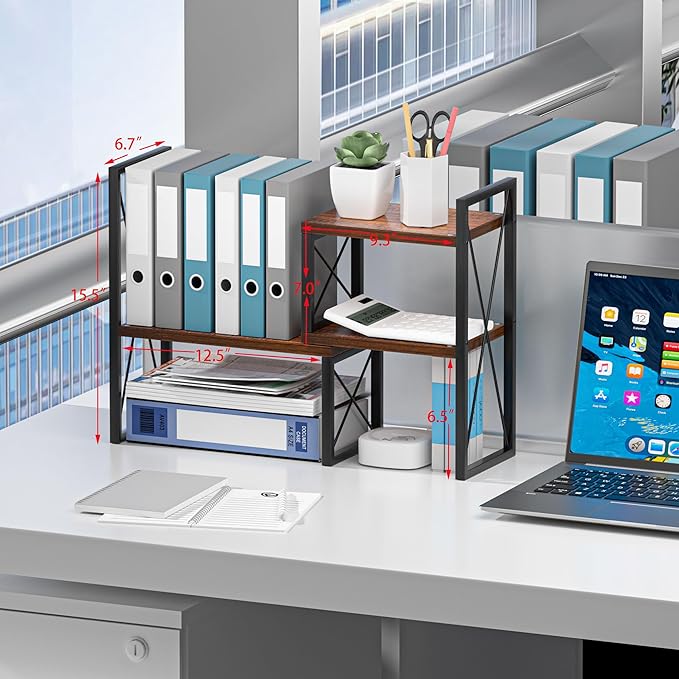 Desktop Shelf Organizer,Small Bookshelf for Office,Wood Desk Top Shelves, Office Organization and Storage (Brown)
