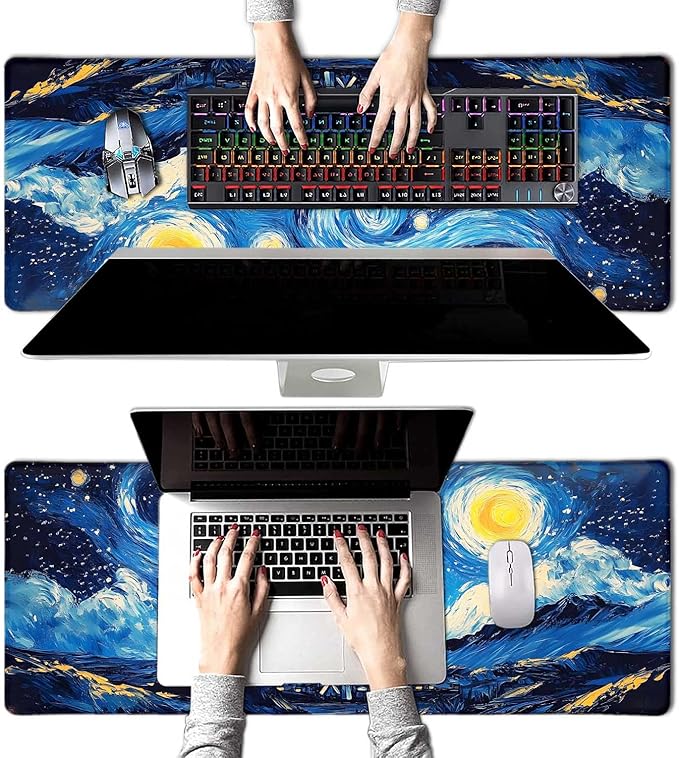 Black Cat Art Night Starry Sky Large Mouse Pad, Desk Mat Computer Keyboard Pad Non-Slip Rubber Base Waterproof with Stitched Edges for Laptop Gaming, Office & Home 31.5 x 11.8 Inch (XL-23)