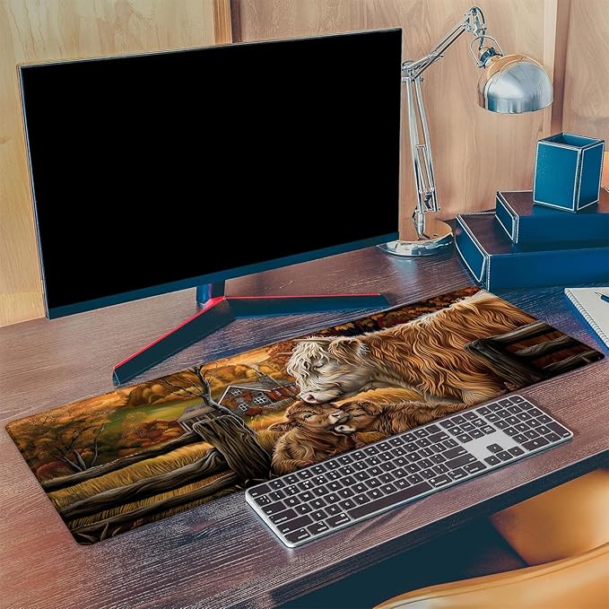 Highland Cow Family Gaming Mouse Pad, Extended Farmhouse Design Desk Mat Computer Laptop Mousepad, Robust Stitched Edges, 31.5"×11.8" Large Office Keyboard Mouse Pads for Home Desktop Decor