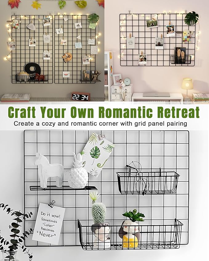 3 Pack Wall Basket, Hanging Wire Basket for Wall Grid Panel, Metal Hanging Baskets for Organizing, Wire Wall Baskets for Storage, Home Decor, Grid Wall Accessories
