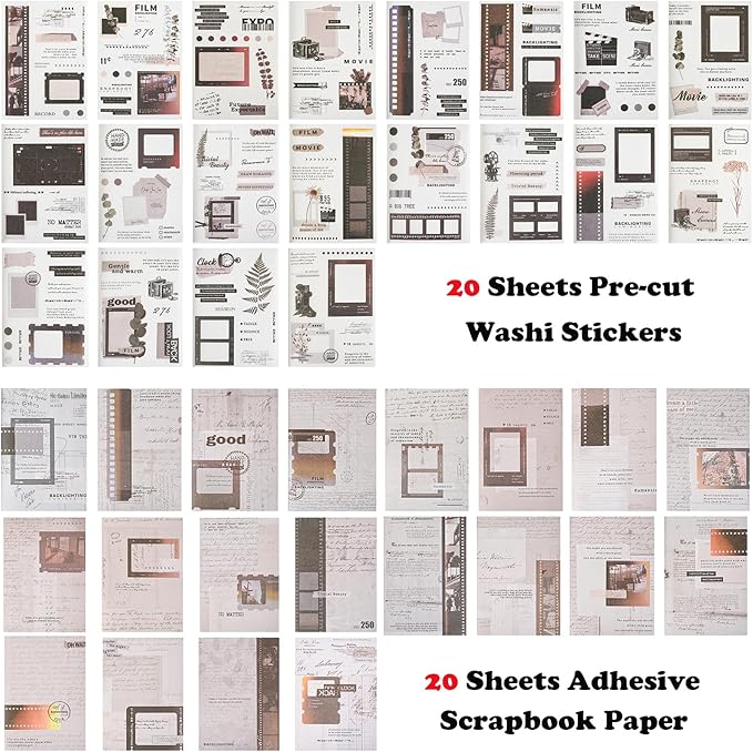 Vintage Washi Stickers Book for Journaling, 180pcs Aesthetic Film Journal Stickers and 20 Sheets Adhesive Scrapbook Papers for Junk Journal Supplies Ephemera Sticker Book for Adults DIY Art Crafts