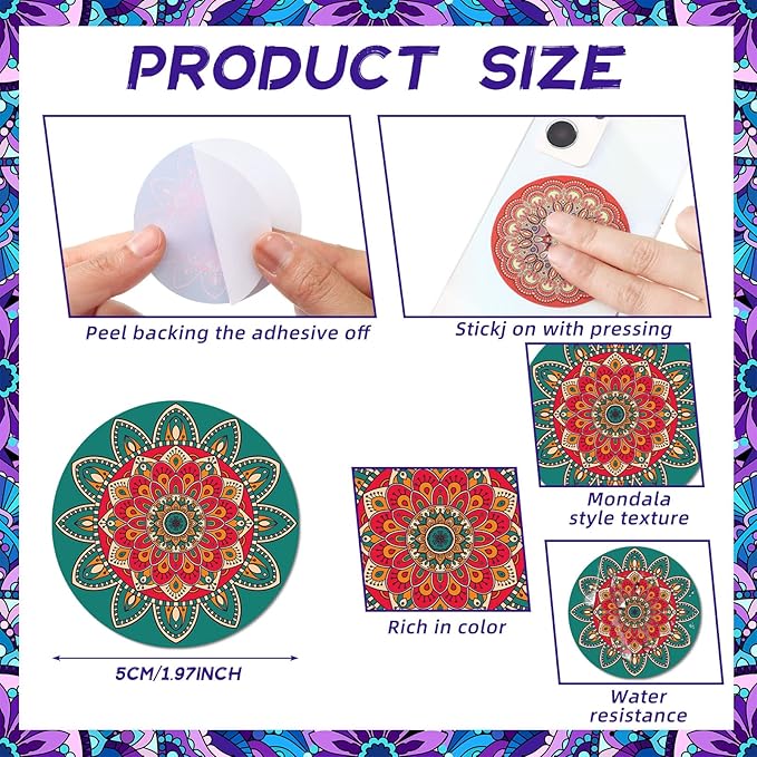 Crtiin 100 Pack Sensory Strips Anxiety Mindfulness Breath Calm Stickers Adhesive Texture Rough Tactile Fidget Tape for Mental Health Relief Anti Stress Stickers(Mandala)