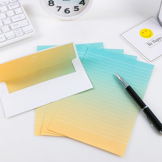 Stationery Paper and Envelope Set, 32 Stationery Paper for Writing Letters and 16 Matching Envelopes, Watercolor Writing Papers with Lines,4 Different Style(8.3x5.6)