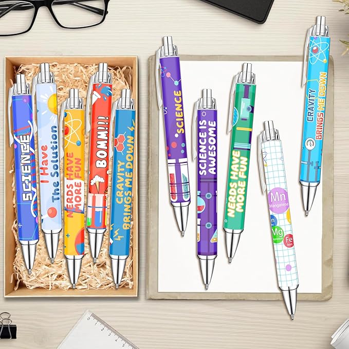 Science Theme Ballpoint Pens, 10 Pack – Colorful STEM Design Pens with Lab Icons, Chemistry Physics Biology Patterns, Smooth Writing Pens for Students, Teachers, Classrooms & School Supplies