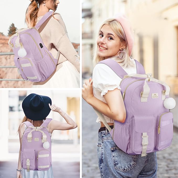 MATEIN Cute School Backpack for Teens Girls, 15.6 Inch Kawaii College Backpack Corduroy Computer Bookbag with USB Charging Port, TSA Lightweight Laptop Back Pack Aesthetic Preppy Kids Students, Purple