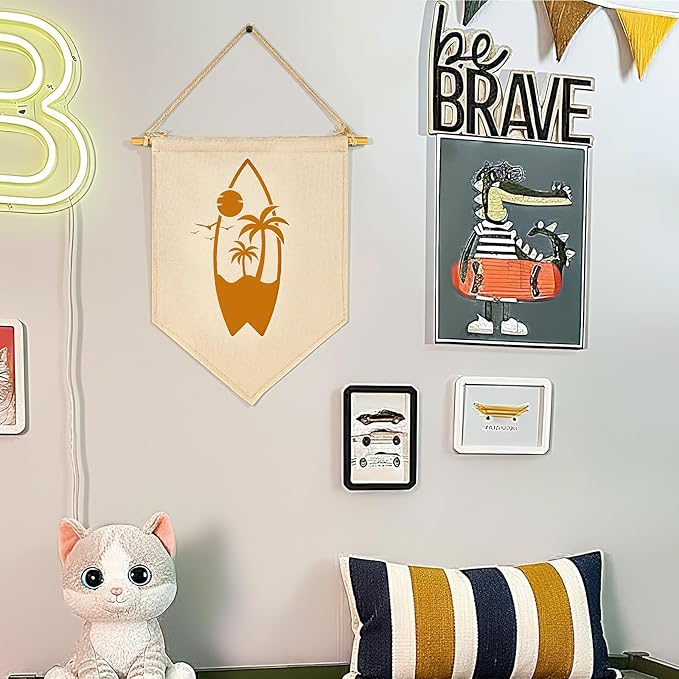 Surfboard Decor-Banner Decor-Beach Surfboard Coastal Vintage Decor-Rustic Outdoor Indoor Sign-Canvas Flag Pennant Poster Wall Art Gift for Home,Bar,Surf Shack,Kids Room,Playroom,Nursery