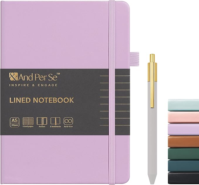 &And Per Se Lined Journal and Pen Set, A5 Leather Hardcover Notebook with Pen & Stationary Set, 160 Pages Journal for Business Work Writing, Valentine's Day Gift Set for her (Purple, Gift Set)