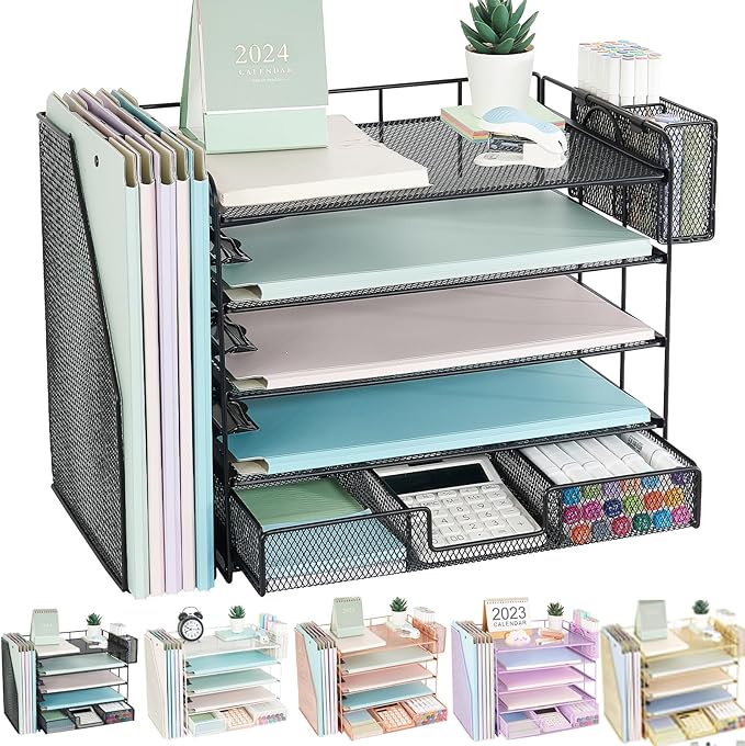 Youbetia Paper Tray Organizer with Mesh File Holder, 5 Tier Desk Accessories & Workspace Desk Organizers with Pen Holder, Office Desk Accessories Desktop Organization for Office Supplies (Black)