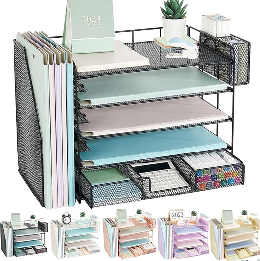 Youbetia Paper Tray Organizer with Mesh File Holder, 5 Tier Desk Accessories & Workspace Desk Organizers with Pen Holder, Office Desk Accessories Desktop Organization for Office Supplies (Black)