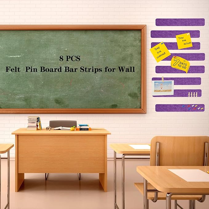 8Pcs Bulletin Board Strips, Purple Felt Pin Board Bar Strips with 50 Pushpins, Self-Adhesive Felt Cork Board Strips for Wall to Display Your Notes, Photos, Schedules, Announcements