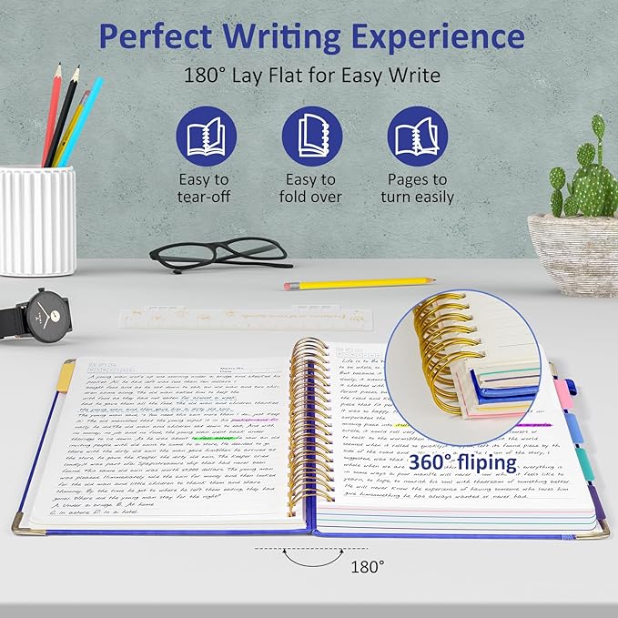 Hardcover Spiral Notebook Journal with Removable PVC Dividers - 8'' x 10'' Large 300 Pages B5 Hardcover Leather Lined Journals Notebook with Tab for Work Note Taking Office Home School Supplies, Blue