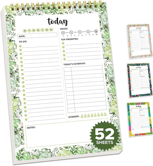 Decorably 52 Sheets Greenery Undated Daily to Do List Notepad with Water Tracker, 6.5x10" Spring-Bound Planner Pad, Easy Tear-Off Design, with Focus, Priorities, Habits, Notes & Doodles - Home, School