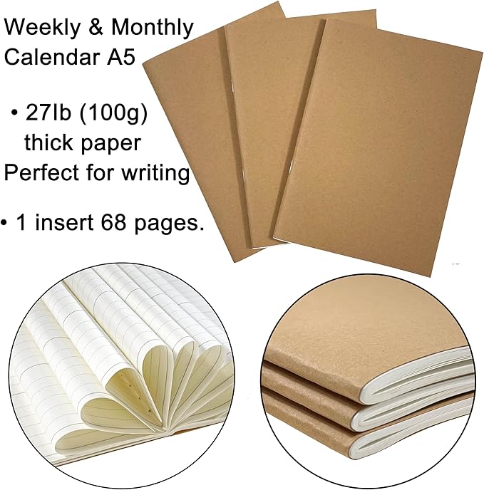 A5 Planner Jan 2026 - Jun 2027, Travelers Notebook Inserts, Travelers Notebook Calendar, Weekly and Monthly Calendar, 100gsm Paper, 8.3 x 5.5 in, Set of 3