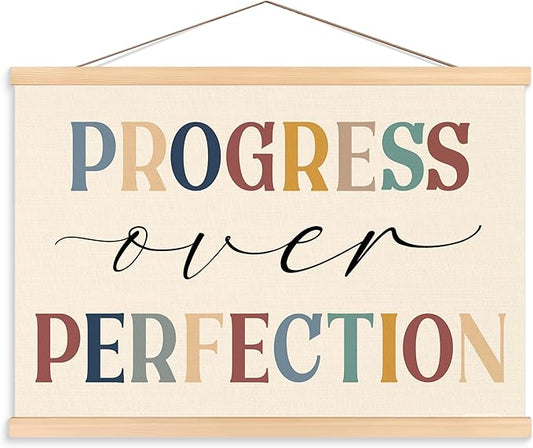 ROXMART Boho Mental Health Poster Hanger Frame, Motivational Wall Decor, Progress Over Perfection Positive Affirmation Wall Art Prints Decor for Therapy Office Classroom, 12x16 Inch