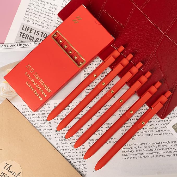 6 Pcs Red Ink Pens for Journaling 0.5mm Fine Point Red Gel Ink Pens, Smooth Writing Quick Dry Pen for Note Taking, Gift Set for Women & Men (6 Pcs Red Gold)