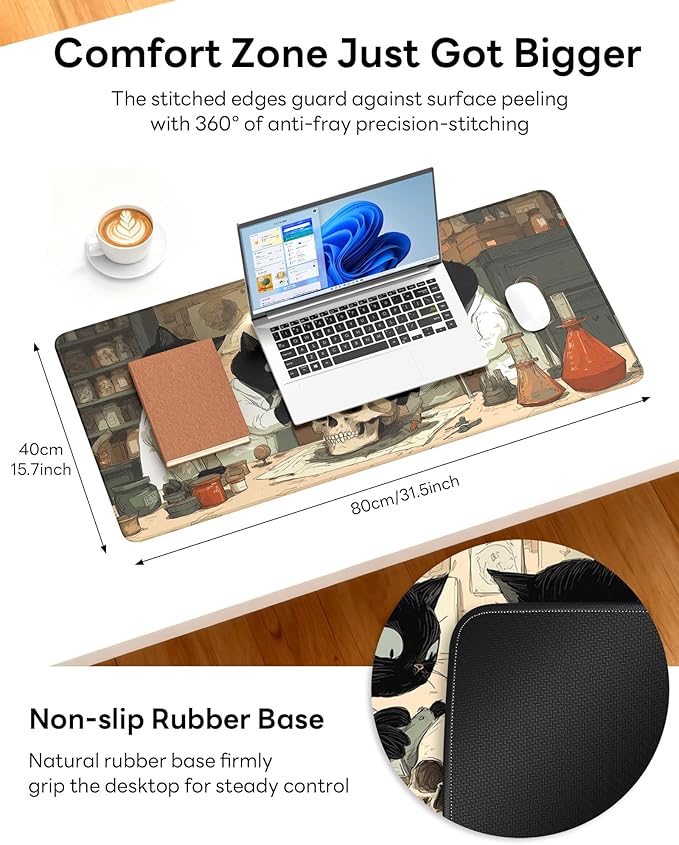 XL Gaming Mouse Pad, 31.5x17.5'' Large Desk Mat with Anti-Slip Rubber Base & Stitched Edges for Gaming, Office, Home - Professor Cat