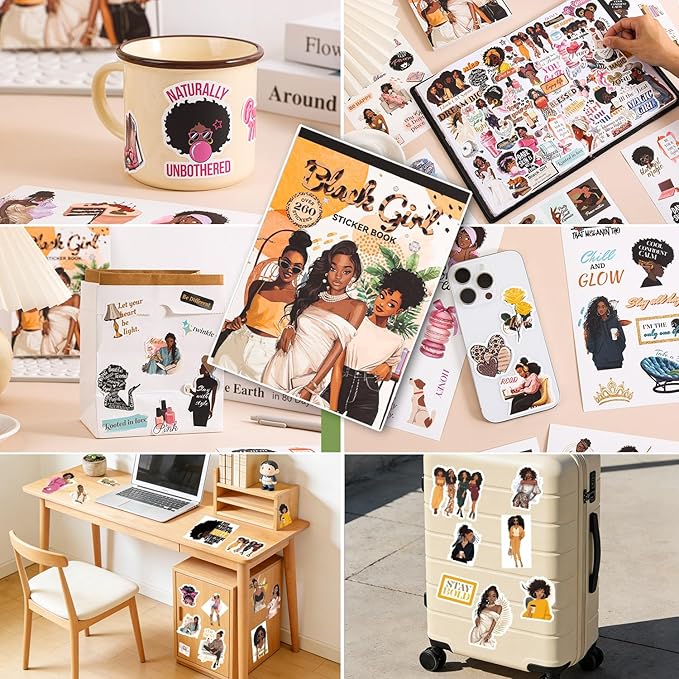 Black Girl Decal Sticker Book for Water Bottle: 260+ WaterProof Vinyl Motivational Stickers for Black Teen Girls & Women, 24 Pages for Journaling, Scrapbooking, Laptop, Self-Care & Inspirational Decor
