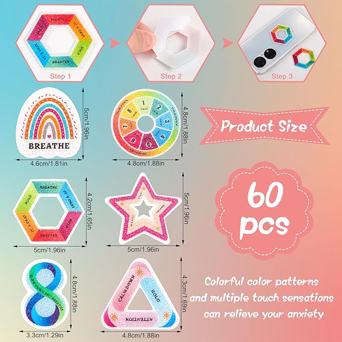 60 Pcs Anxiety Sensory Stickers, Reusable Textured Stickers Adhesive Mindfulness Fidget Sticker Calming Breathing Sticker for Kids & Adults