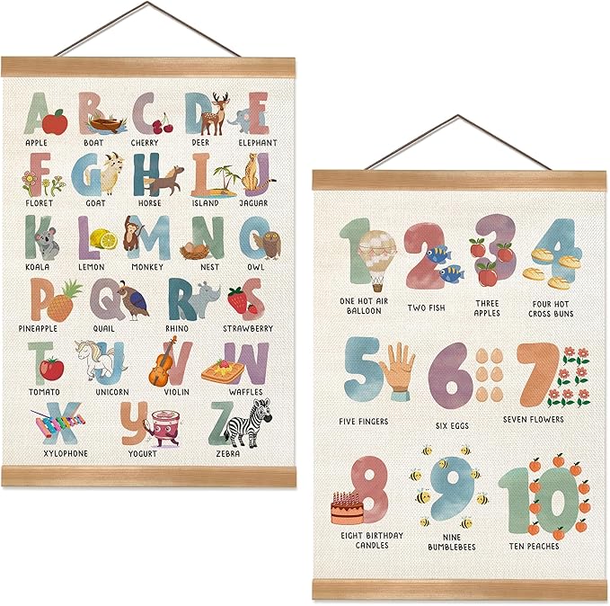 ZTGDA Cute Alphabet Numbers Poster Set of 2, Alphabet Numbers Wall Art, ABC Banner Poster, Wall Hanging Decor for Toddler Room Playroom Nursery Wall Classroom Decor 12x16In(ABC+123)