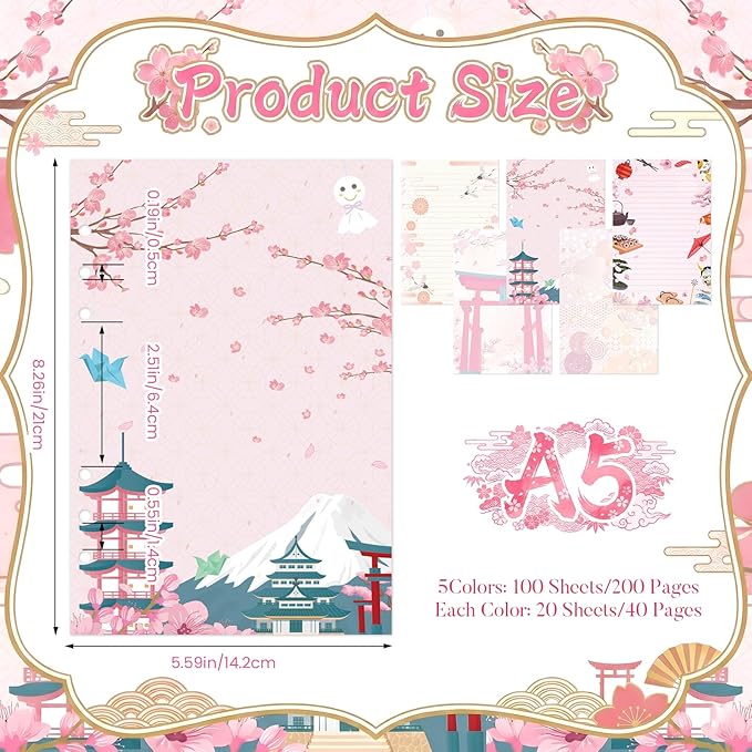100 Sheets Japanese A5 Planner Inserts - 120GSM Thick Cherry Blossom Refill Paper for A5 6-Ring Binder, Sushi Cranes Fans Temples 6 Hole Loose Leaf Sheets for Journal Diary Notebook Budget Planning