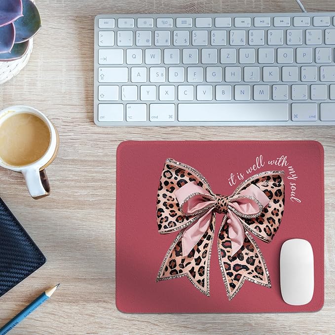 Coquette Pink Bow Mouse Pad,Christian Mouse Pad, Bow Themed Desk Accessories, Girly Leopard Desk Mat for Girls Dorm Home Office Desktop Decor,10.2x8.2Inch