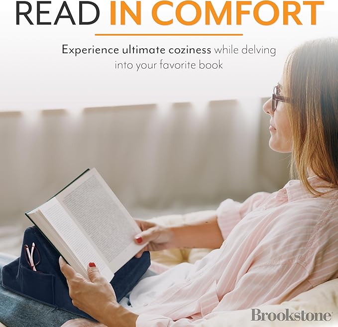 Brookstone Tablet Lap Cushion - Tablet and Phone Holder for Bed, Flights, and Travel, Two Angled Memory Foam Lap Desk for Reading and Hands Free Viewing, Compatible iPad and Kindle Accessories, Blue