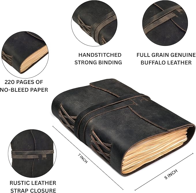 Leather Bound Journal - Grey, 7"X5", 220 Pages - Vintage Blank Paper Diary for Writing, Drawing, Sketchbook, and Travel Notebook - Ideal for Women and Men