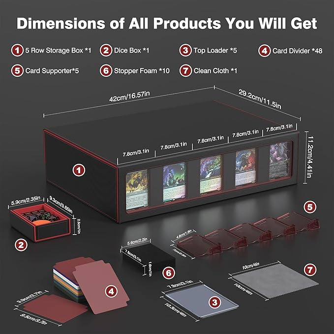 Kabinka Trading Card Storage Box with Handle & Mechanical Latch,5-Row 3900+ Commander MTG Card Case with Sealed Display Window,Top loaders Organizer Deck Box for MTG/TCG/PTCG/Sports Cards (Black Red)