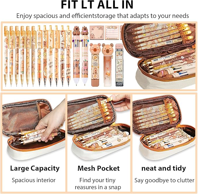 Cute Capybara School Supplies Stationery Set Kawaii Stationery Birthday Christmas Gifts Includes Eraser Mechanical Pencils Erasers Correction Tape Pencil Holder Gel Pens,for Office School Supplies