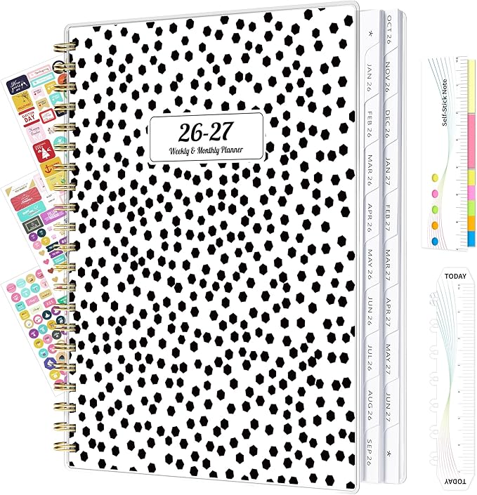 Ospelelf 2026 2027 Planner Weekly and Monthly Calendar Spiral Bound, A4 Office Supplies For Women & Men, 18 Months PVC Cover Life Planners with Stickers Polka Dots