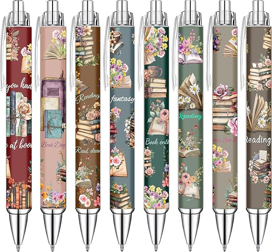 Idealmuzik Book Lover Pens Set – Cute Reading-Themed Gel Pens for Women, Teens, and Kids – Cozy Library Aesthetic Stationery for Journalers, Students, and Writers, 8 Pack