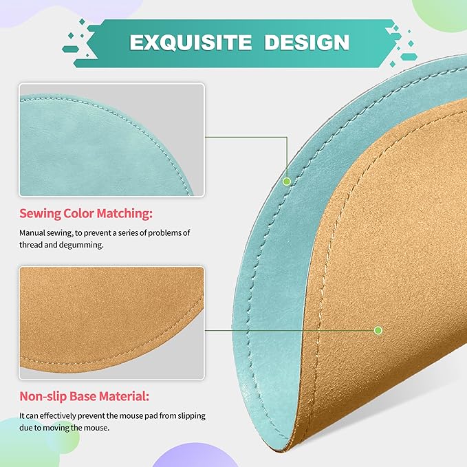 Mouse Pad，Round Mouse Pad，PU Mouse Pad，Leather Mouse Pad with Stitched Edge Micro-Fiber Base with Non-Slip Waterproof，Mouse Pad for Computers，Laptop，9 x 9 Inch (Light Blue)