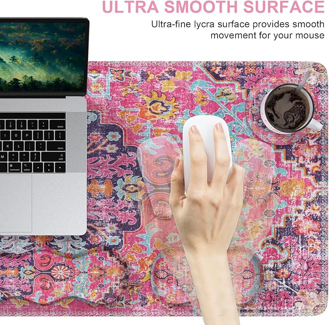 iLeadon Desk Mat Set, Mouse Pad with Wrist Rest + Keyboard Wrist Rest + Large Mouse Pad + Coaster, 4in1 Rug Large Gaming Mouse Pad Set for Home Office, Boho Retro Art