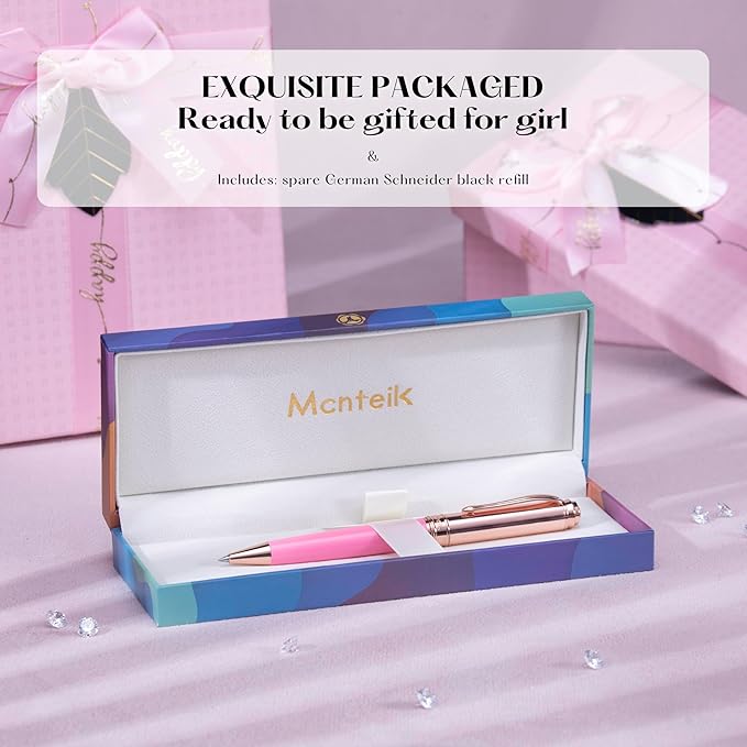 Luxury Gel Pen, Top Set With 8mm Brilliant Diamond,Vibrant Pink Pen Body,Attractive Rose Real Gold Finish, Black Refill,Elegant Gift Pen For Women, Executive, Fancy, Nice Pens