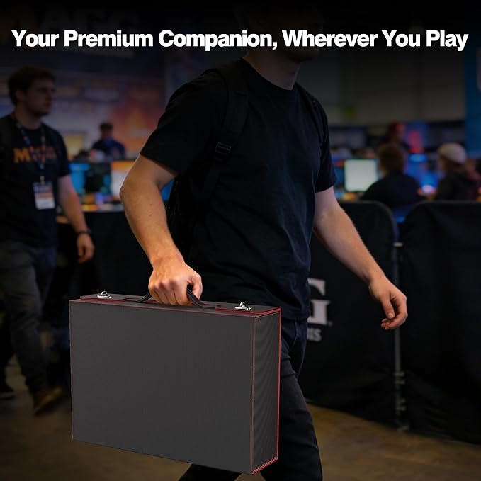 Kabinka Trading Card Storage Box with Handle & Mechanical Latch,5-Row 3900+ Commander MTG Card Case with Sealed Display Window,Top loaders Organizer Deck Box for MTG/TCG/PTCG/Sports Cards (Black Red)