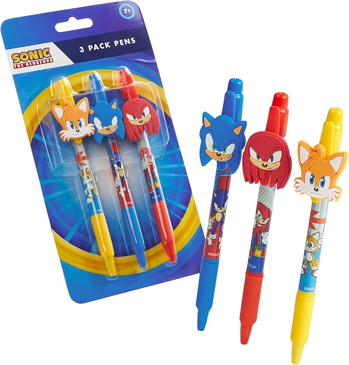Sonic The Hedgehog Pens for Kids Pack of 3 Ballpoint Pens Blue Ink for Boys with Character Toppers Cute School Supplies Gamer Gifts for Kids
