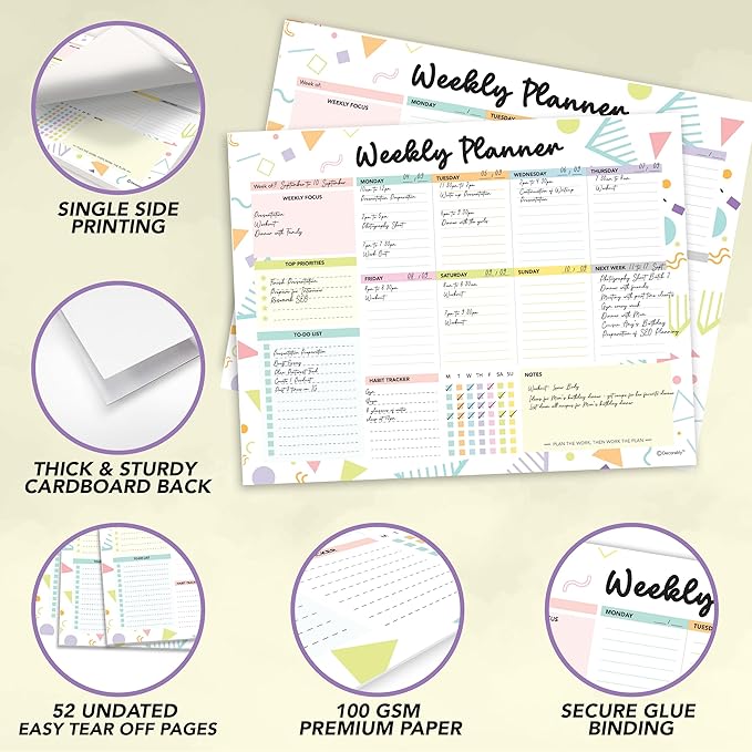 Decorably 52 Sheets Colorful Pastel Undated Weekly to Do List Notepad - 6.5x10" Spring-Bound Planner Pad, Easy Tear-Off, for Priorities, to-Do List, Habit Tracker, Focus & Notes - Home, School, Office