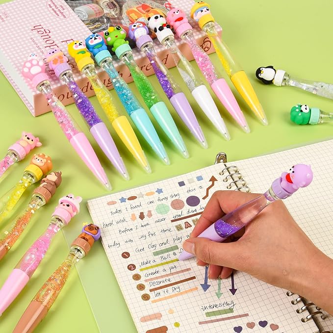 LiYiQ 24 PCS Fidget Spinner Pens Cute Fun Pens Kawaii Panda, Capybara, Penguin, Frog and Puppy Shape Cool Ballpoint Pens for Office Home Present