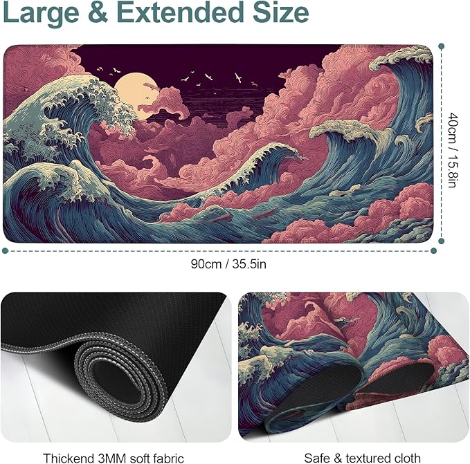 Japanese Great Wave XXL Extended Gaming Mouse Pad 35.4 x 15.7 Inch – Large Non-Slip Desk Mat with Smooth Cloth Surface, Stitched Edges, Ocean Wave Design for Gaming and Office