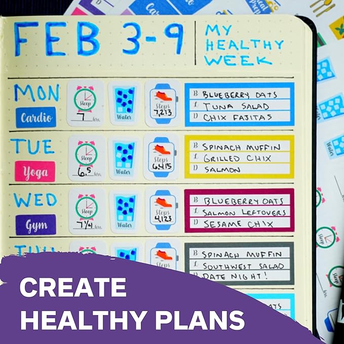 Health and Fitness Planner Stickers Set - Large Value Pack 20 Sticker Sheets - Health, Exercise, Weight Tracking and Meal Planning - Custom Design Accessories and Supplies for Bullet Dotted Journals