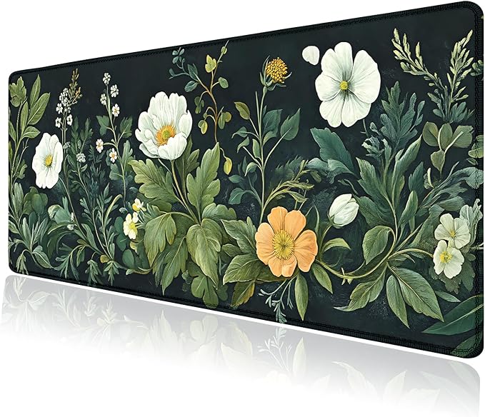 Vintage Wildflowers Flower Floral Large Mouse Pad, Desk Mat Computer Keyboard Pad Non-Slip Rubber Base Waterproof with Stitched Edges for Laptop Gaming, Office & Home 31.5 x 11.8 Inch