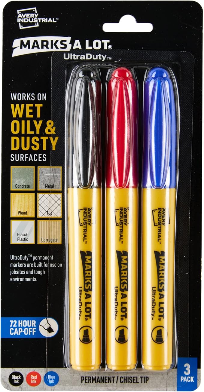 Avery Marks A Lot UltraDuty Permanent Markers, Chisel Tip, Water Resistant, Assorted Colors, 3 Industrial Markers (29864)